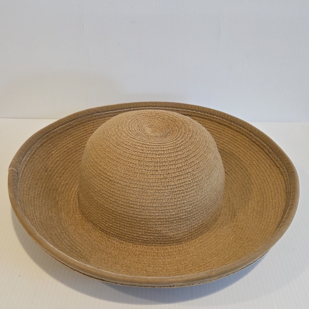 Vintage Kokin Straw Sun Hat Wide Brim Cap Beige Couture Round Crown Packable OS